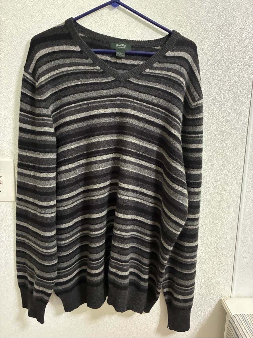 Marshall Fields Men's V-Neck Striped Cashmere Sweater in Charcoal XL